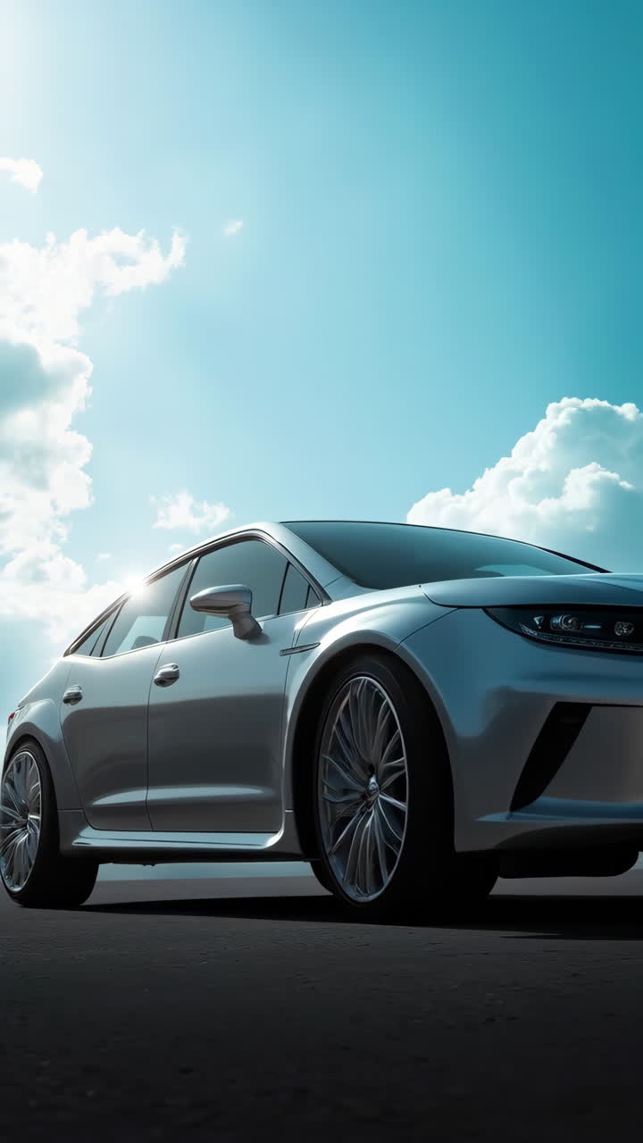 Sleek Silver Car Against a Bright Cloudy Sky