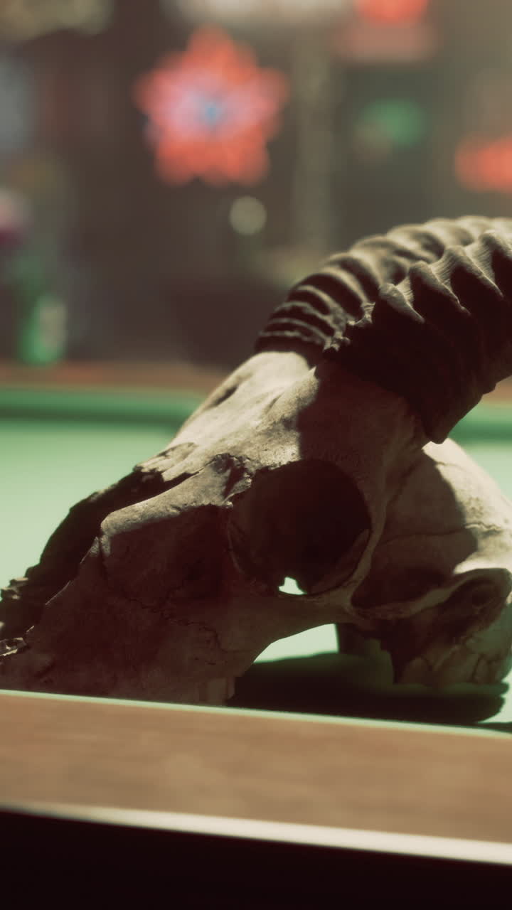 Decorative skull on green billiard table in dimly lit bar setting