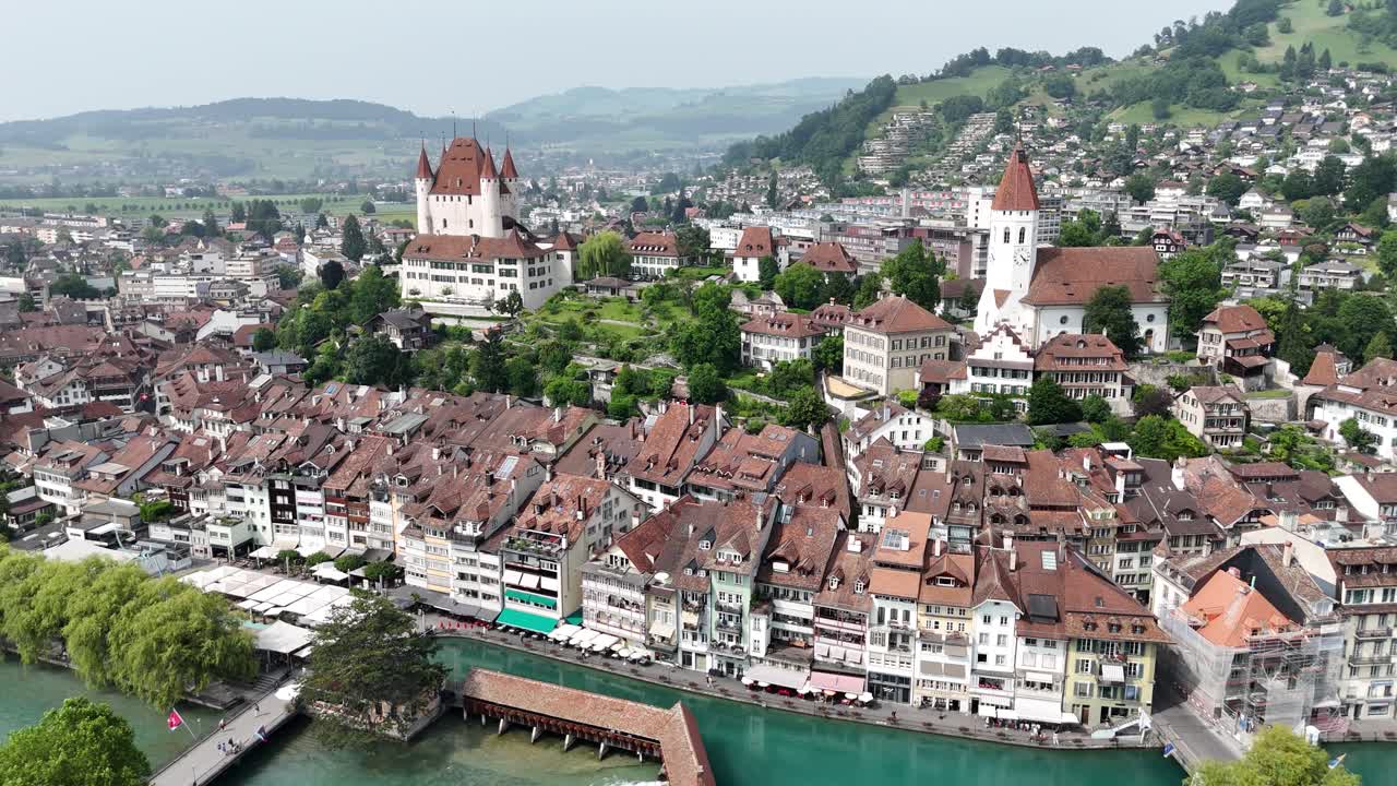 Thun town centre Switzerland ascending drone,aerial 4K footage