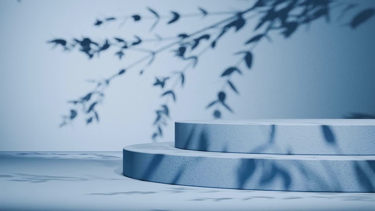 Minimal round concrete podium with shadow of leaves on blue wall. Natural sunlight overlay in studio setting. Botanical and product display mockup. Design for banner, poster
