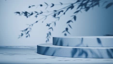 minimal round concrete podium with shadow of leaves on blue wall. natural sunlight overlay in studio setting. botanical and product display mockup. design for banner, poster