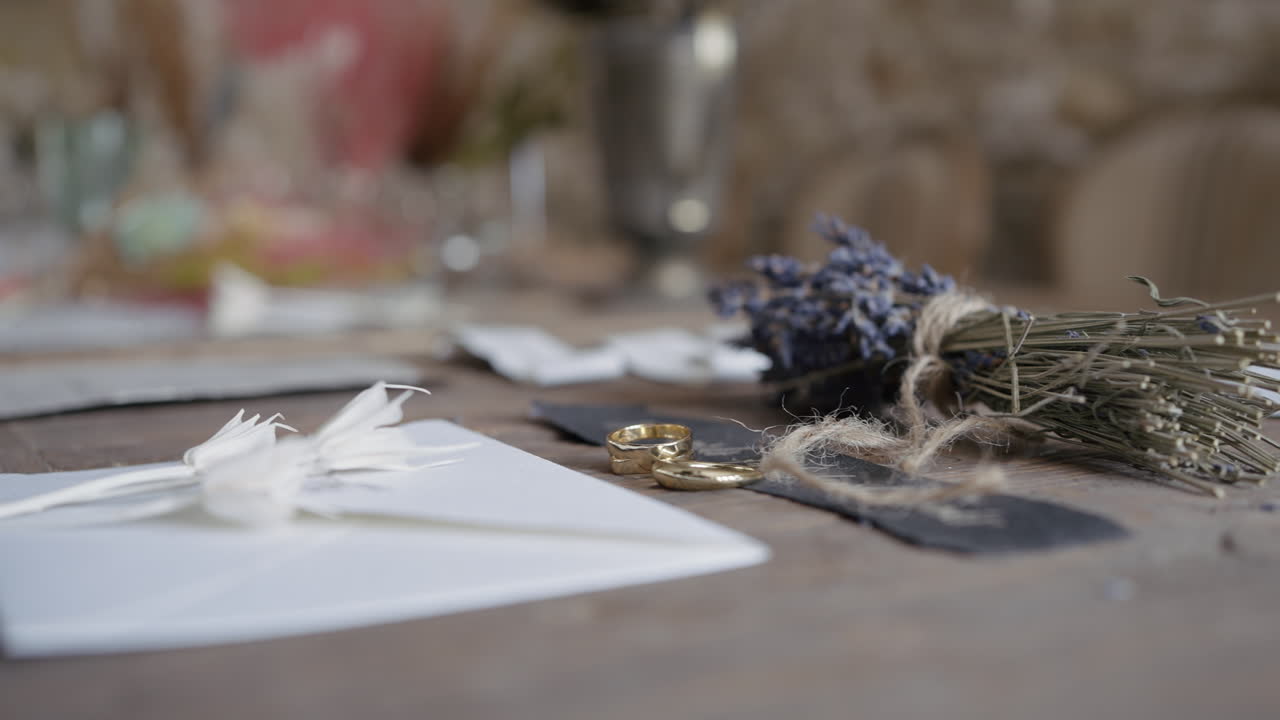 Rustic Wedding Table Setting with Dried Lavender and Rings
