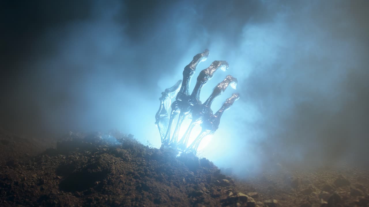 A Mystical Glimpse of a Glowing Crystal Skeleton Emerges from the Darkness, Illuminating a Hidden World Buried Beneath the Surface in a Hauntingly Beautiful Scene