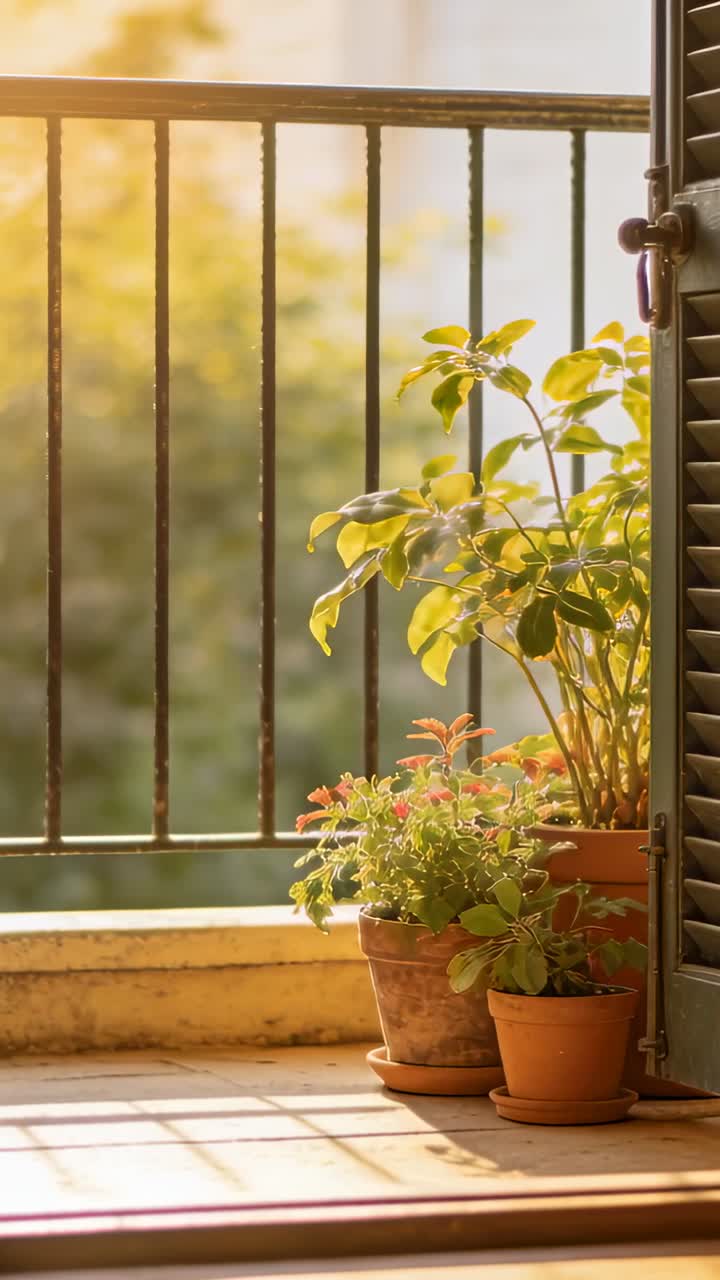 Video verticale: Luce solare che si sposta riscaldando vasi di terracotta con fiori arancioni sul balcone, spazio per il testo