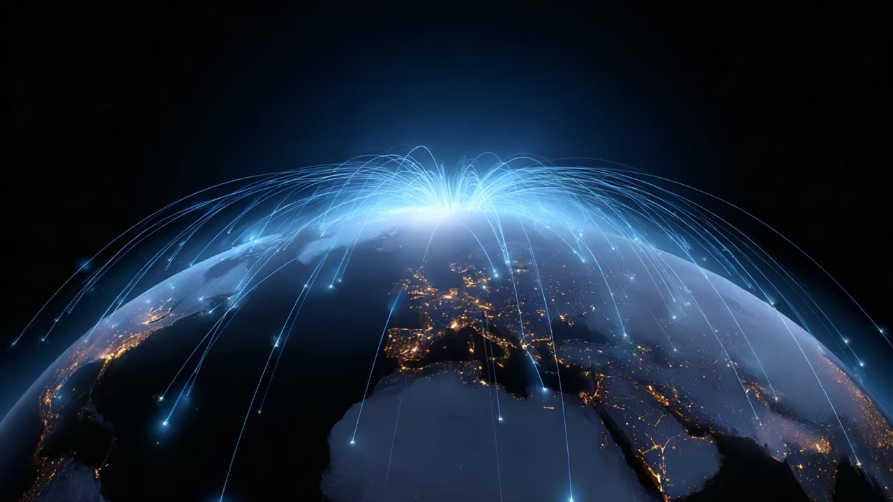 Visual Representation of Global Connectivity Depicting Data Transmission Across the Globe with Illuminated Cities and Network Lines Highlighting Connectivity