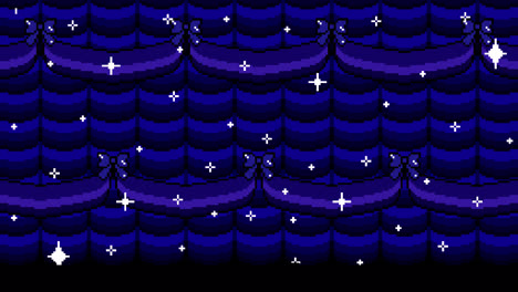 pixel art night sky with stars and drapes