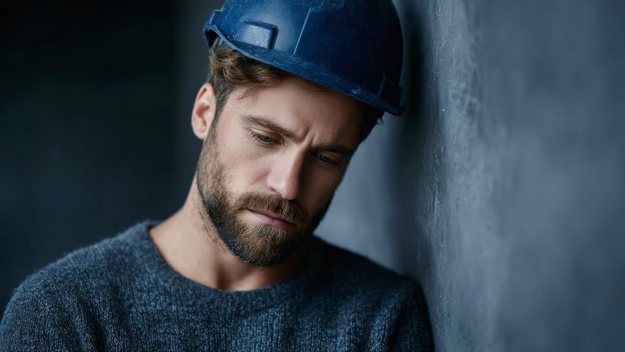 Een moment van reflectie: een peinzende werker met een hoed, vastgelegd in contemplatie tegen een getextureerde muur, die diepe emotie en introspectie toont