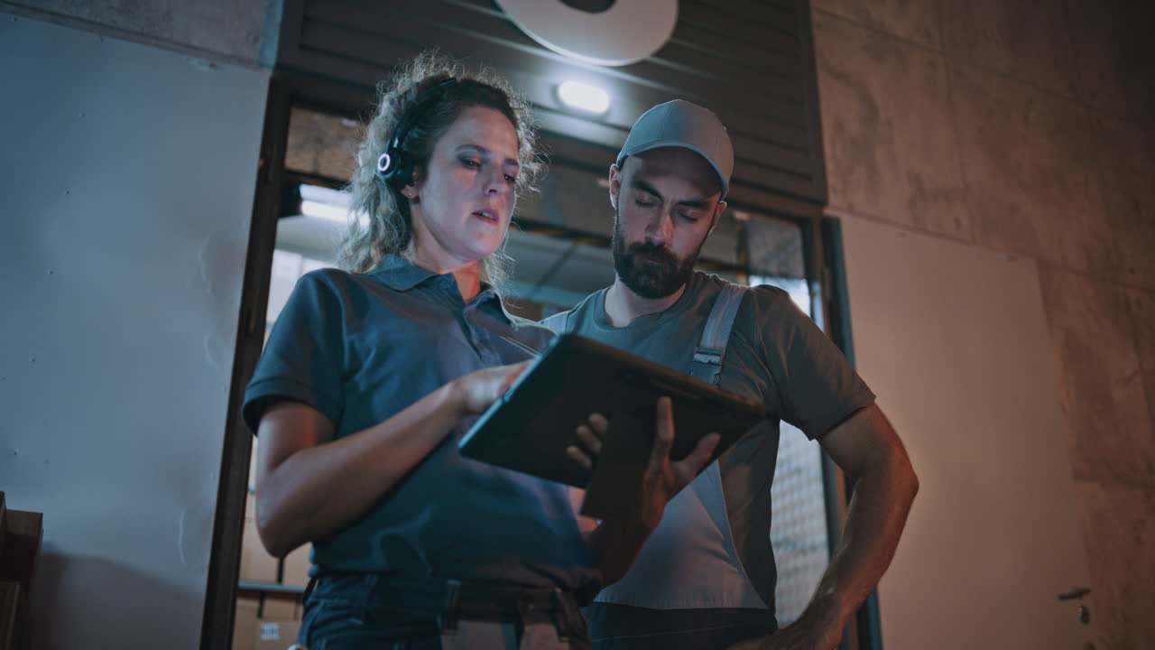 Male Worker and Female Manager Talking Using Tablet Computer Standing Outside of Logistics Warehouse