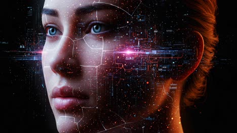 a futuristic portrait of a woman merging human and digital elements: exploring the intersection of technology and humanity through a visually stunning representation