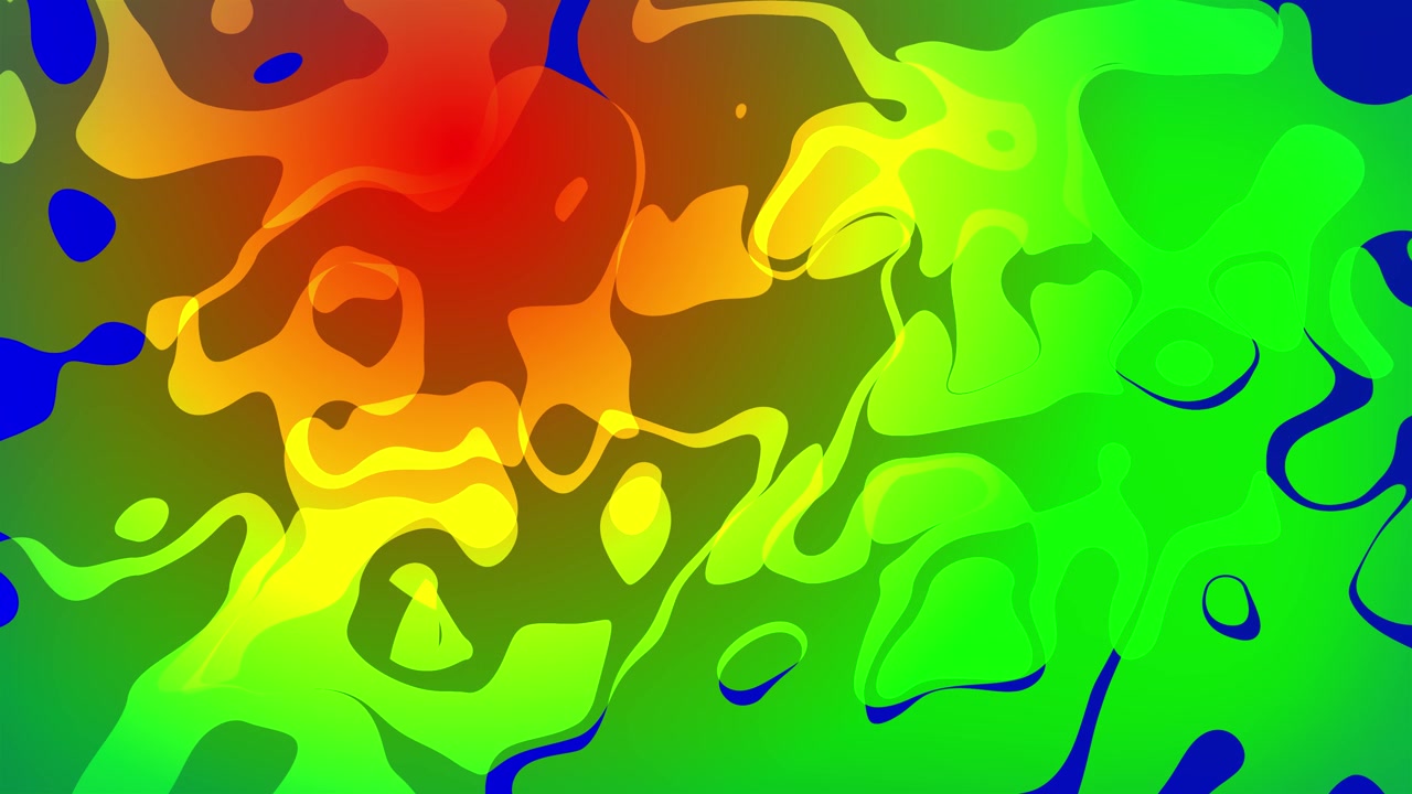 Sfondo animato 2D di blob fluidi astratti che scorrono e forme liquide stratificate che si trasformano con effetti visivi di motion graphics e opere d'arte digitali a motivi, vivaci sfumature vorticose di verde, giallo, blu