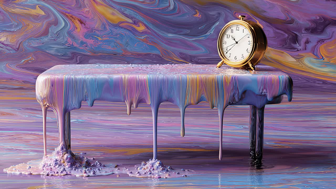 Una explosión de color: una mesa artística con una superficie que se derrite con coloridos remolinos y un reloj vintage, que captura la esencia del tiempo y la creatividad
