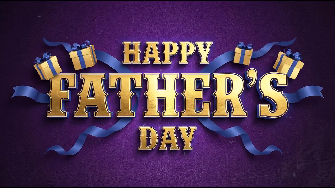 Glædelig Fars Dag festlig banneranimation med guldfarvet typografi, dekorative bånd på lilla baggrund
