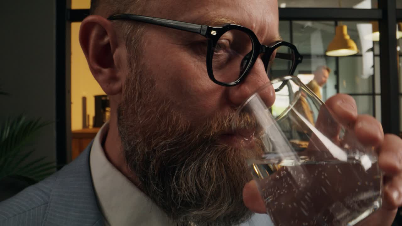 Businessman Drinking Water in Office