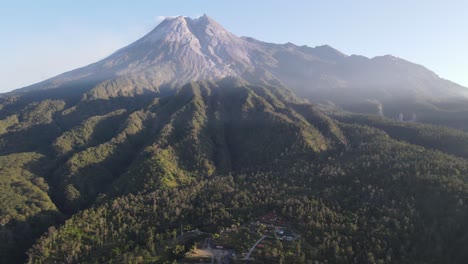 aerial view, beautiful mount merapi with cool nature in the morning with a clear blue sky