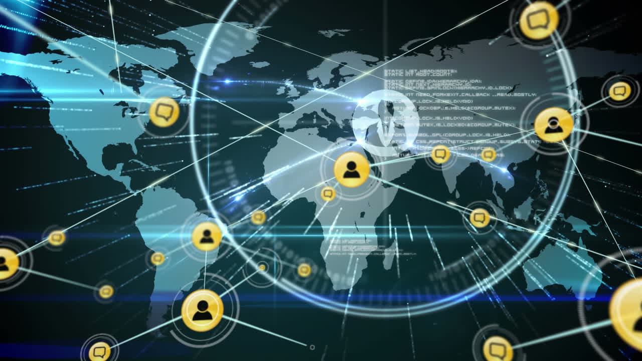 어두운 배경에 아이콘과 데이터 처리를 가진 연결 네트워크의 애니메이션