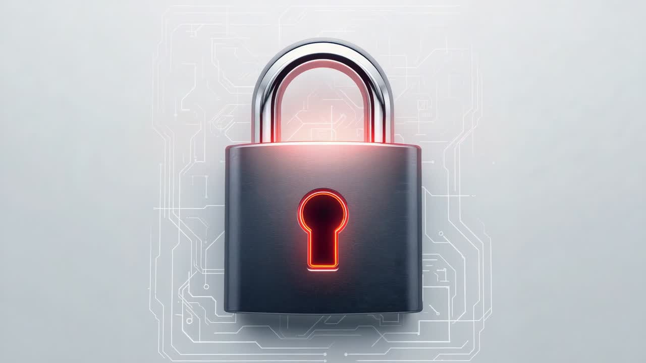 Glowing padlock starting dim red keyhole, lighting shackle and circuits on pale grey background