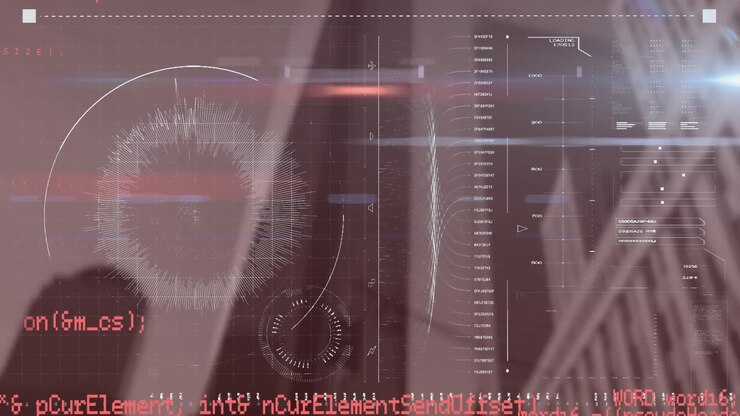 Animation of data processing and scope scanning over grid and cityscape in background