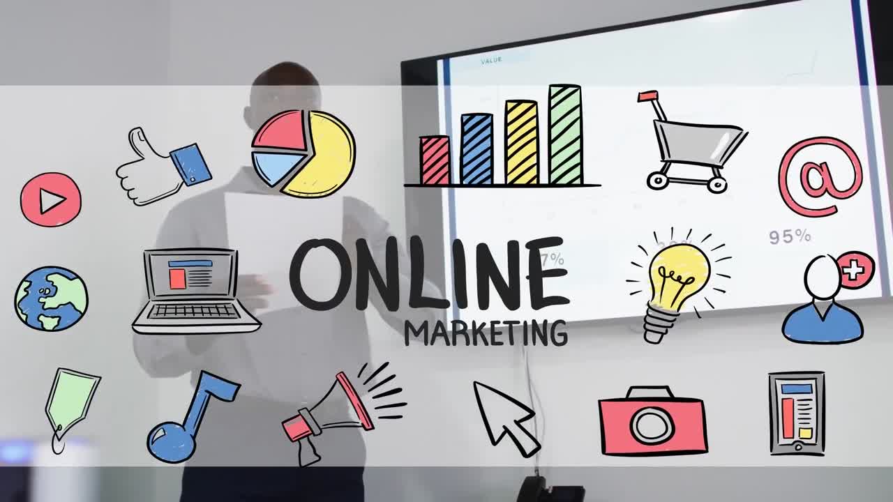 Animation of online marketing and drawings over african american man making presentation