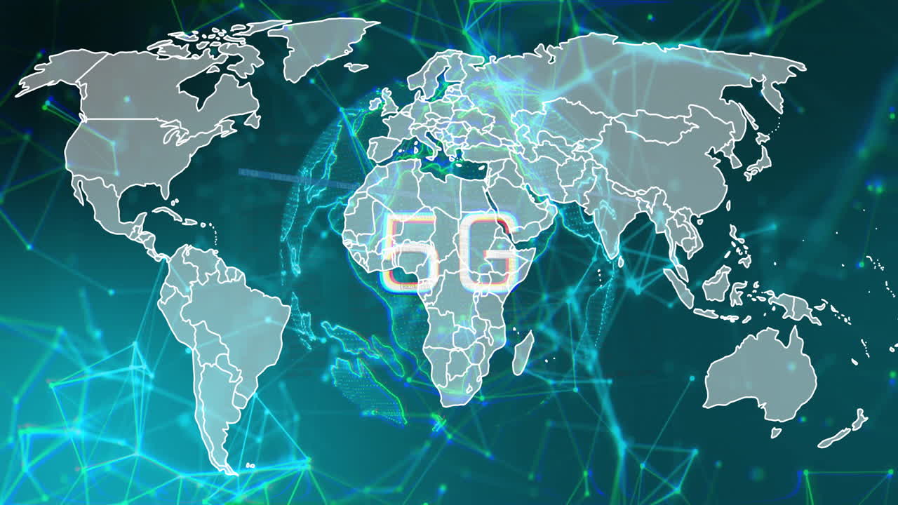 디지털 연결을 가진 세계 지도 위의 5g 네트워크 연결 애니메이션