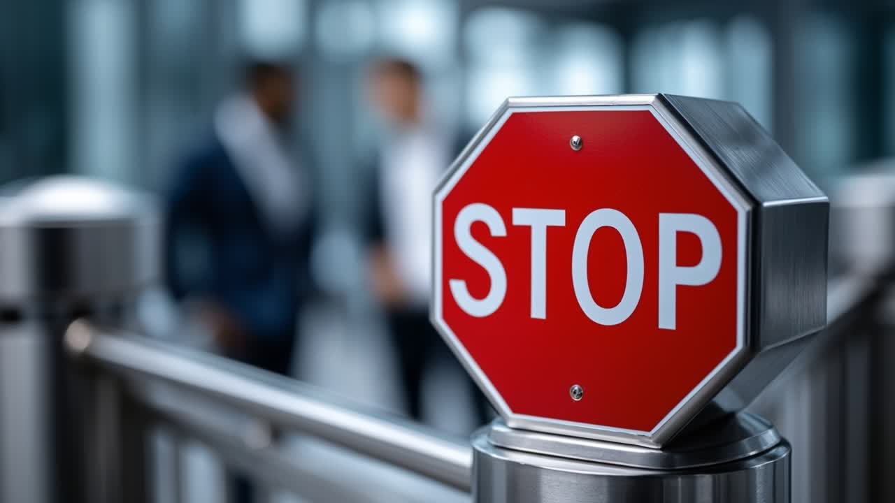 Red octagonal stop sign installed on a metal pole inside a modern office building or airport