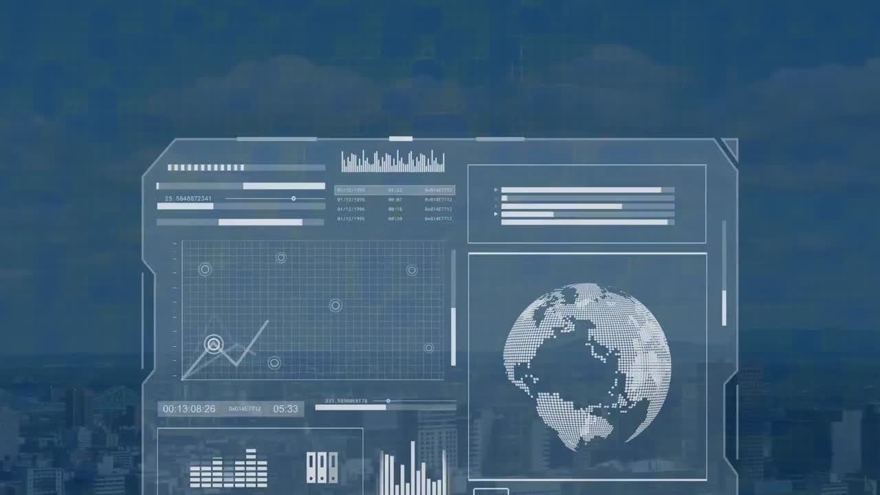 Animation of globes, graphs, loading bars and circles over modern city against cloudy sky