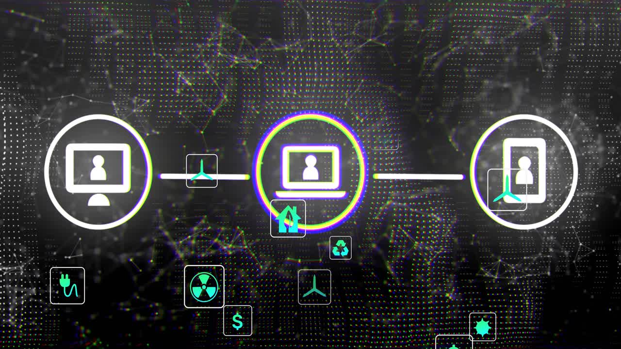 First second revealing pc laptop linking smartphone, green icons orbiting network showing overlay