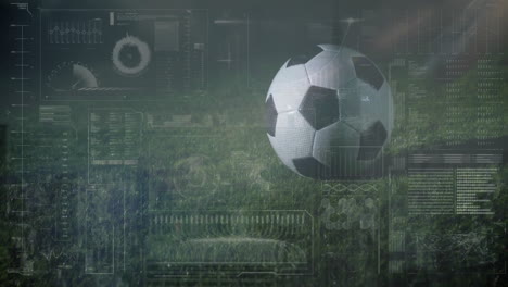 soccer ball with data processing animation over green field background