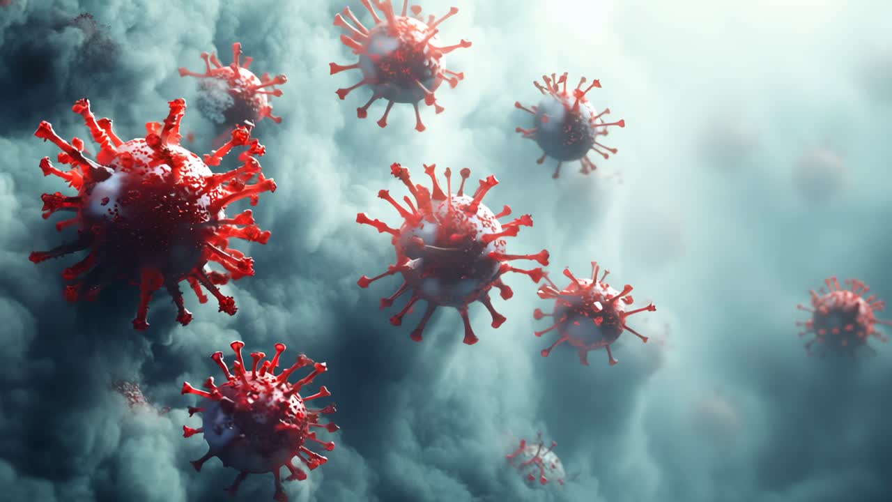 A bunch of red viruses are floating in the air. The viruses are small and red, and they are scattered throughout the image. Scene is somewhat ominous