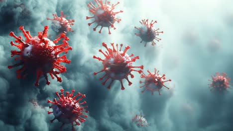 a bunch of red viruses are floating in the air. the viruses are small and red, and they are scattered throughout the image. scene is somewhat ominous