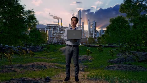 full body of an asian male professional worker with his laptop in front of oil refinery, he observes by looking around before he come to concentrating with his laptop