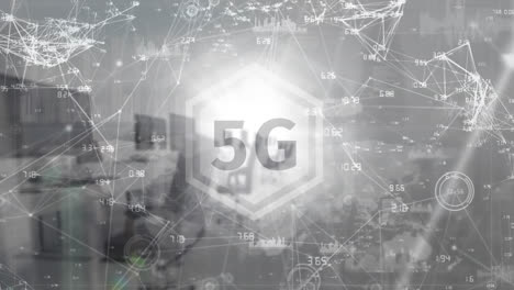 Animation-Von-5g-Text-über-Datenverarbeitung-Und-Netzwerk-Von-Verbindungen-Vor-Leerem-Büro