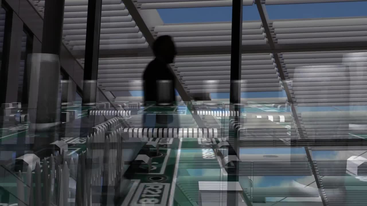 현대 사무실에서  ⁇ 고 있는 사업가들 위에 있는 사무실 건물의 애니메이션