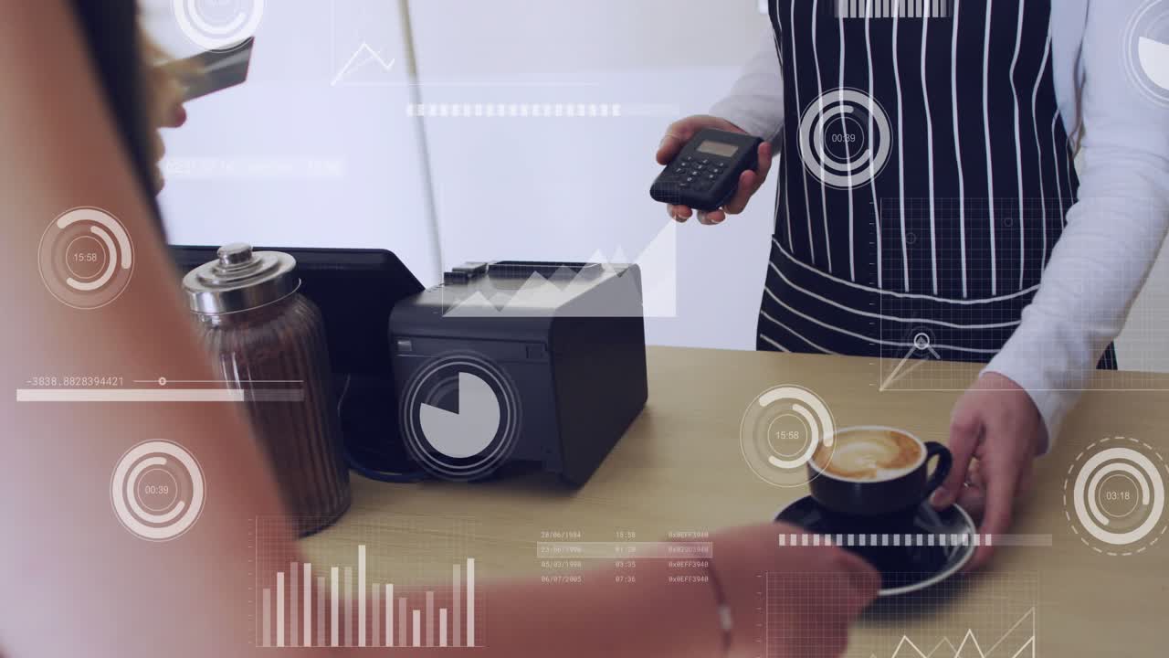 KundIn tippt Kreditkarte auf Einzelhandels-POS, Datenvisualisierungen erscheinen, Barista schiebt Espresso näher