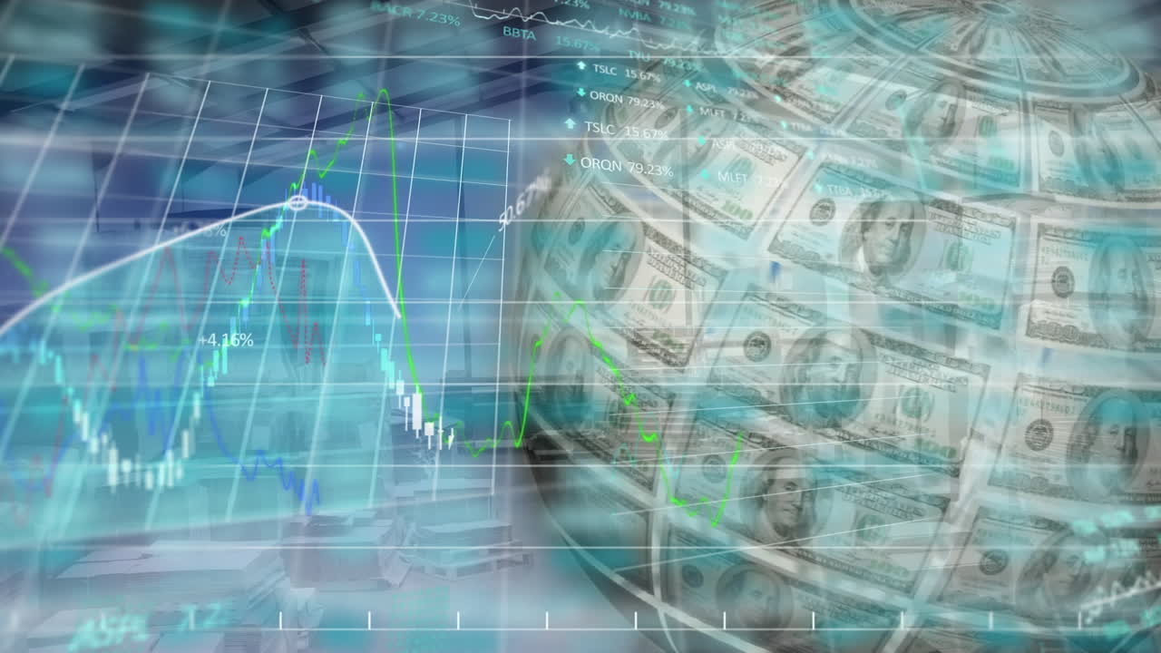 animación del procesamiento de datos financieros con un globo formado con dólares estadounidenses