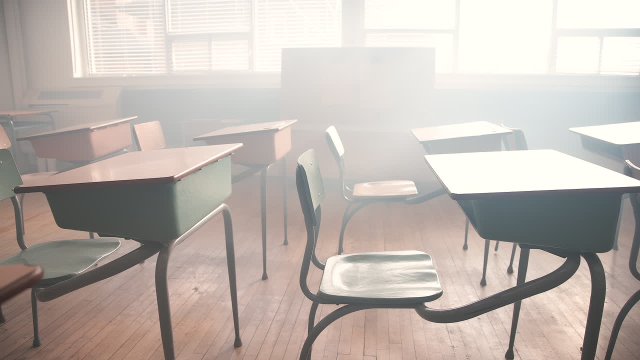 Classroom desk zoom out in a school in America