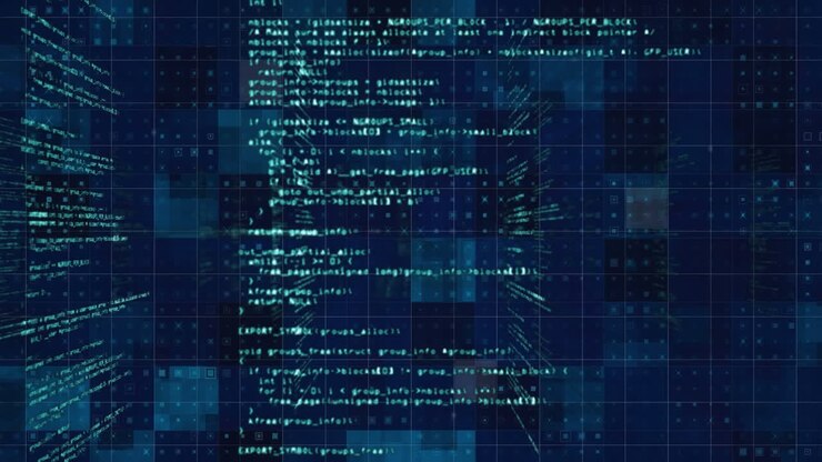Animation of floating data and information over blue pixels