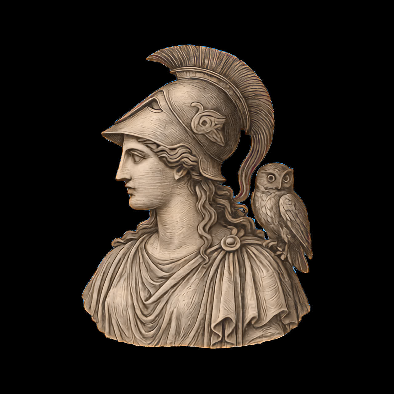 Goddess Athena with owl sculpture animation isolated asset, transparent 4K video, alpha channel