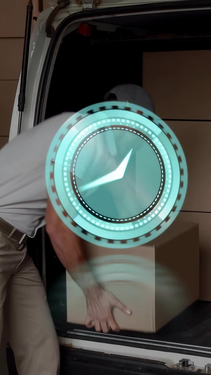 Vertikales Video: Türkiser AR-Timer erscheint über dem Heck des Lieferwagens, Fahrer hebt Karton zur Lieferung auf die Stoßstange.