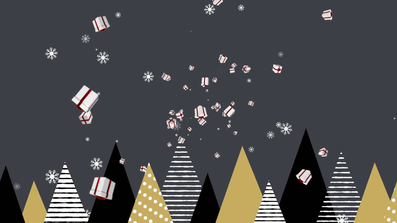 회색 바탕에 크리스마스 트리 위에 떨어지는 선물의 애니메이션