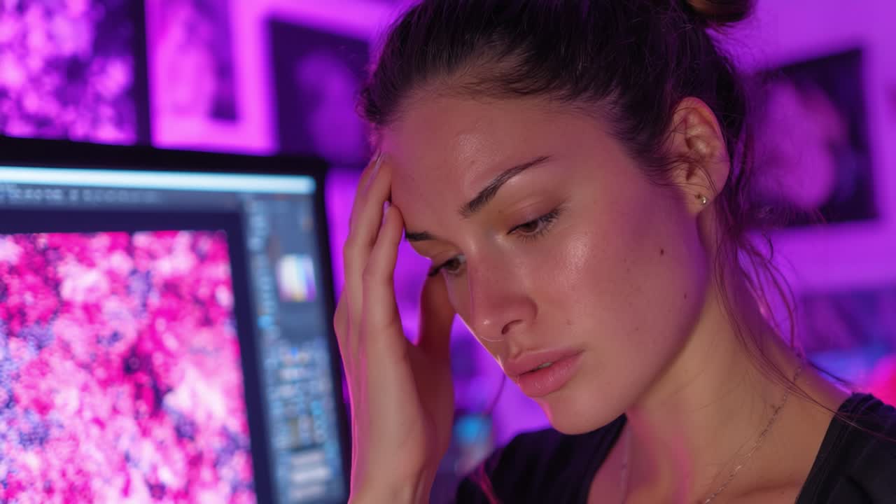 A Young Woman Contemplates Deep Thoughts While Working on a Computer in a Colorful, Artistic Workspace Enhanced by Vibrant Purple Lighting