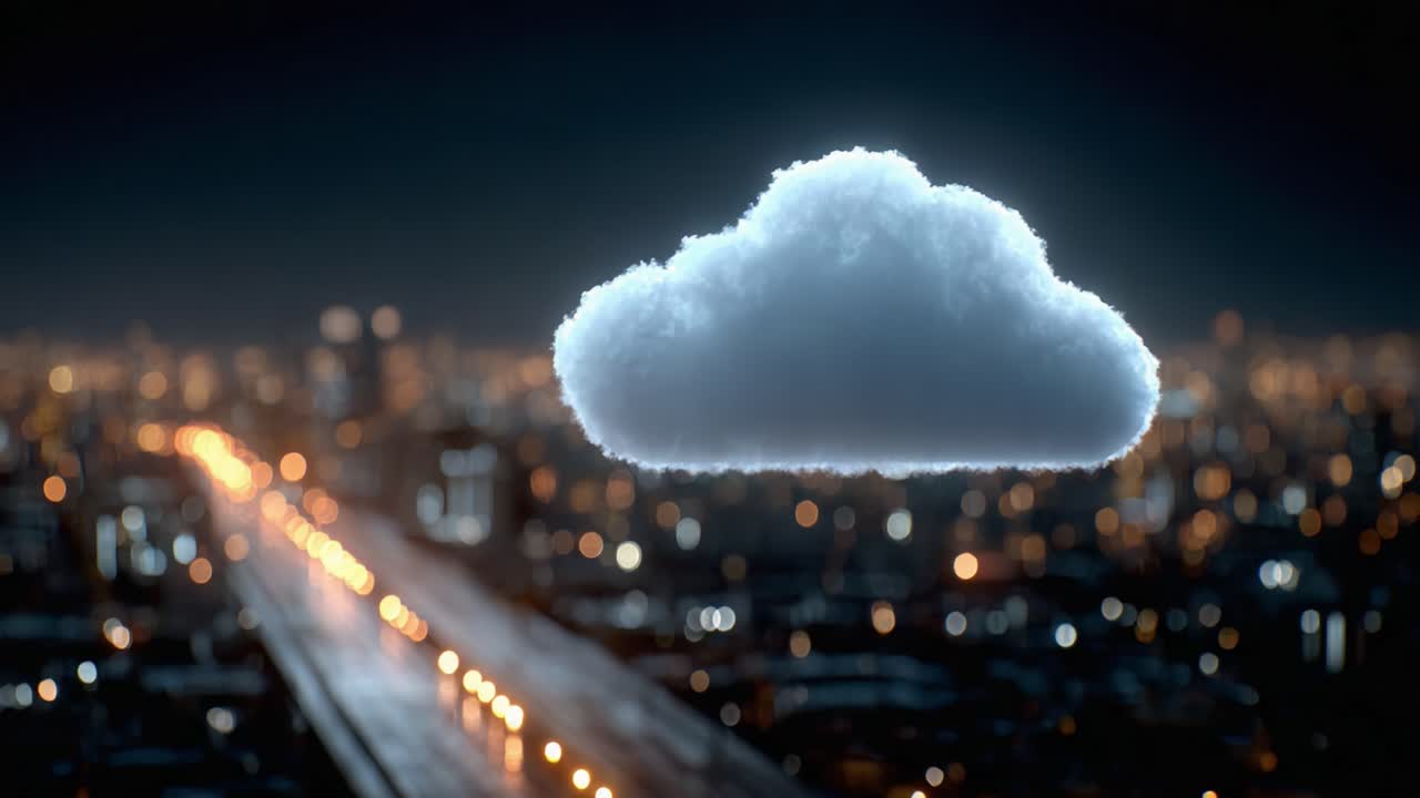 A Dreamy Illumination: A Soft White Cloud Hanging Over a Vibrant Cityscape at Night, Illuminated by the Dazzling Lights of the Urban Environment Below