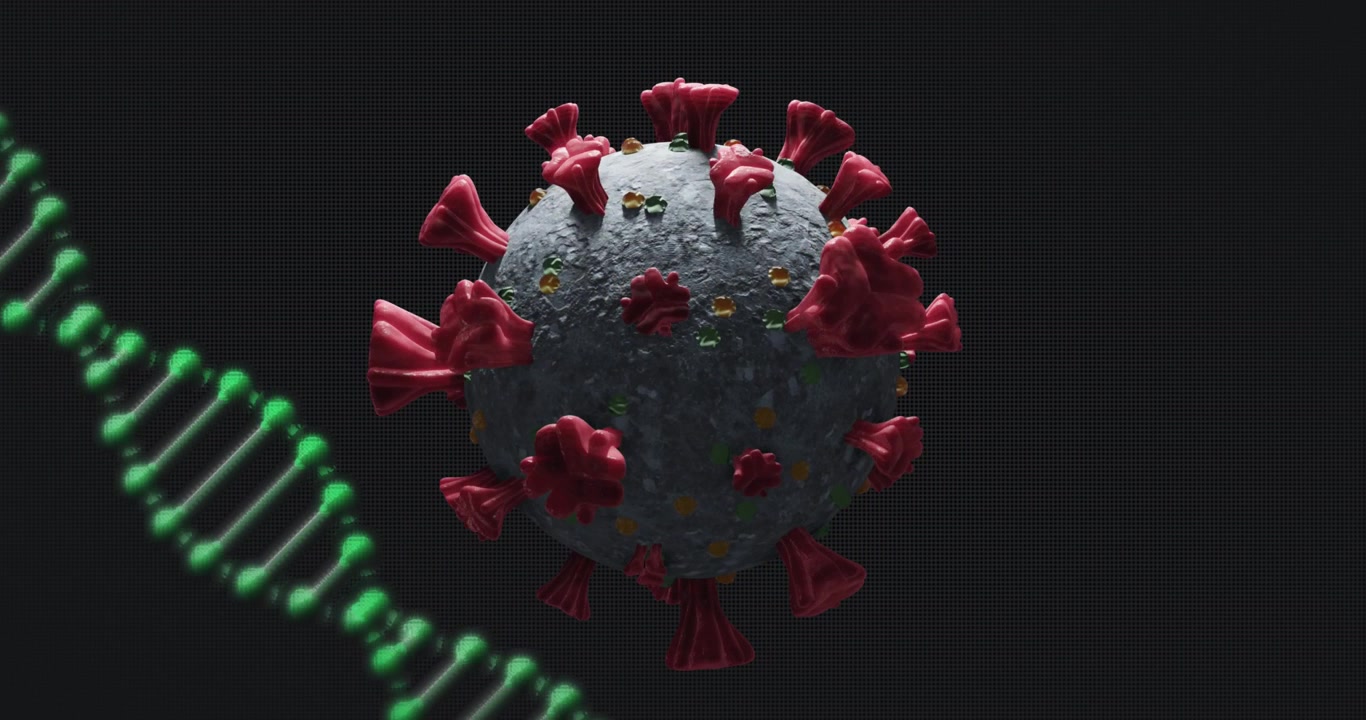 Animation of dna strand spinning over covid 19 cell falling on dark background