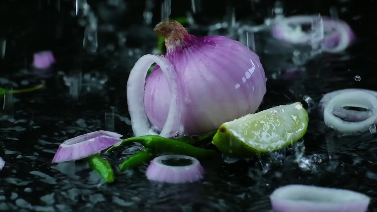 A red onion with slice, green chili and lemon in a spray or water on a wet surface