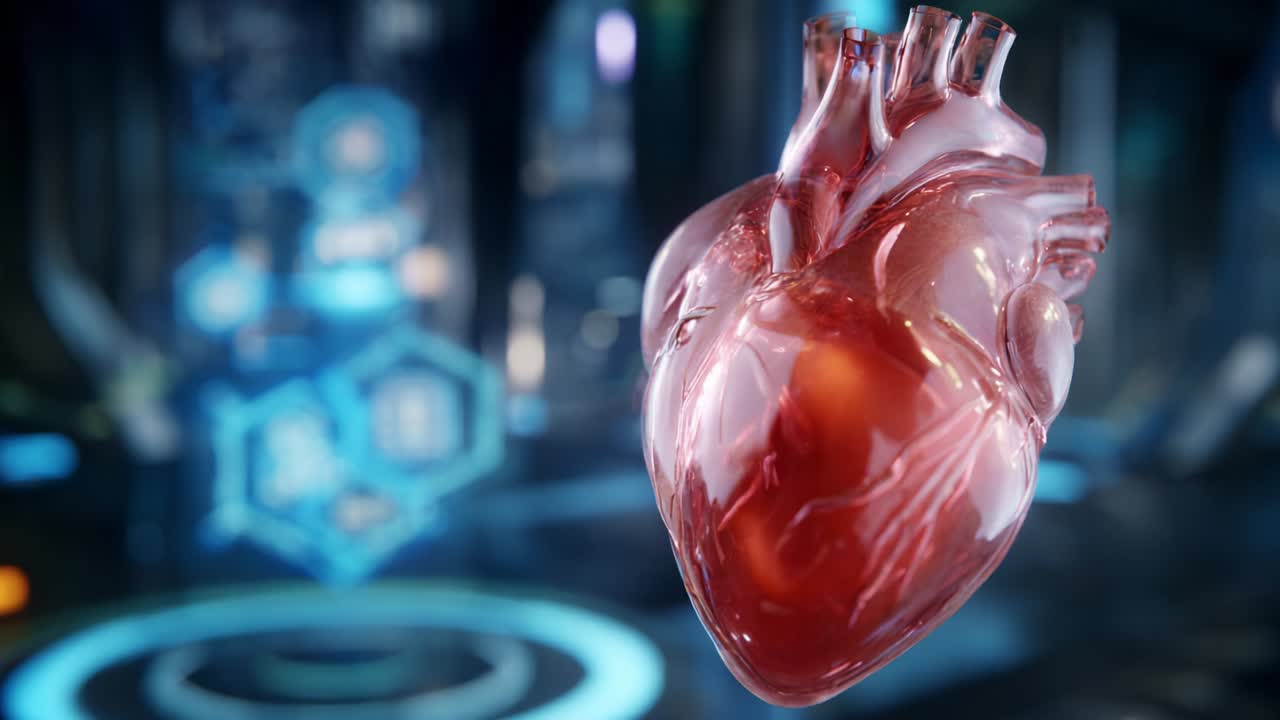 A Dynamic 3D Visualization of the Human Heart, Showcasing Detailed Anatomical Structures and Pulsating Motion in a High-Tech Environment with Futuristic Elements and Visual Effects