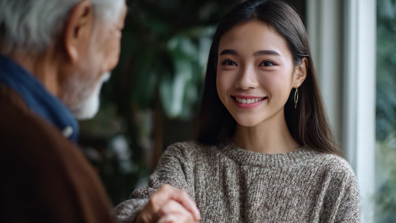A Heartwarming Moment of Connection: A Young Woman Sharing a Smile and a Handshake with an Older Man in a Cozy Indoor Setting, Symbolizing Trust and Intergenerational Bonding Through Genuine Interaction