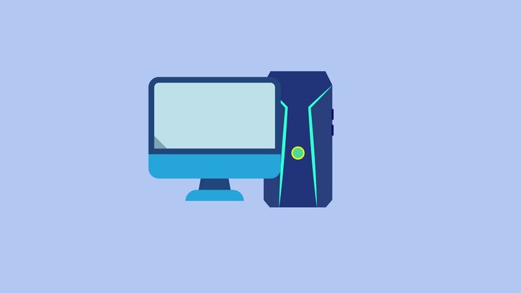 Animation eines Desktop-Computer- und Monitor-Symbols, isoliert auf blauem Hintergrund.