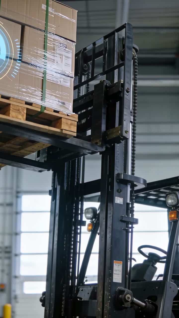 Carrello elevatore che solleva un pallet di scatole in magazzino