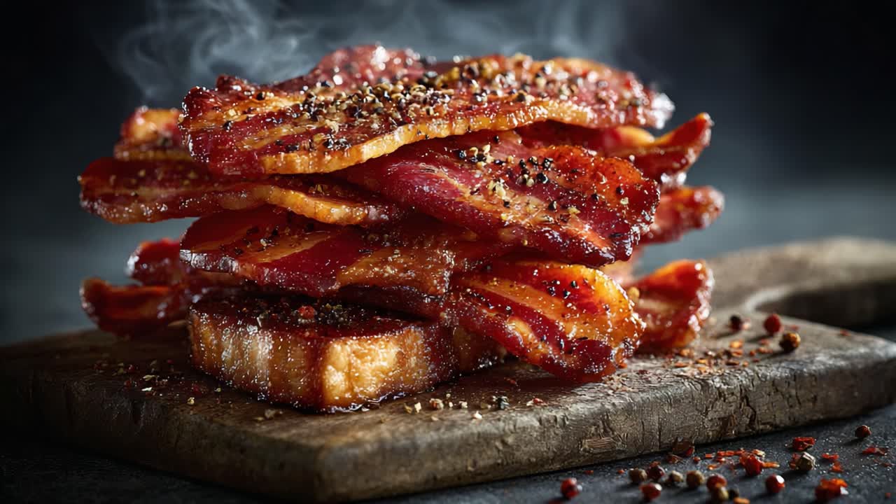 Sizzling Stacks of Crispy Bacon Glazed with Seasoned Spices, Creating a Mouthwatering Culinary Delight on a Wooden Serving Board