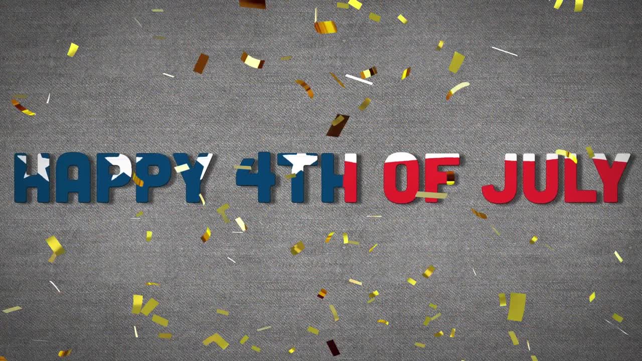 Animazione della scritta "4 luglio" e coriandoli sopra la bandiera degli Stati Uniti d'America.