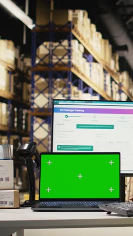 vertical video stock room employee looks at phone with copy space and follows parcels